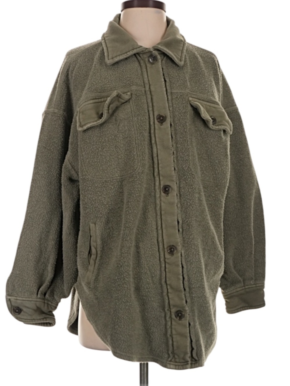 Free People Olive Green Button-Up Fleece Shirt Jacket - Picture 2 of 5
